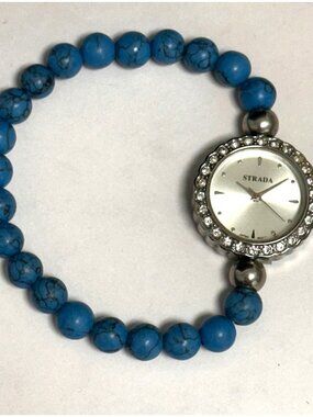 Strada Watch Women Silver Tone Blue Beaded Stretch Bracelet Band New Battery